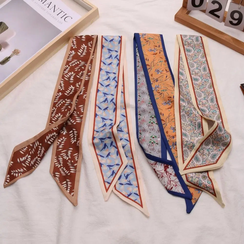 Fashion Luxury Floral Silk Scarf Flower Pattern Retro Hair Band Long Versatile Silk Scarves