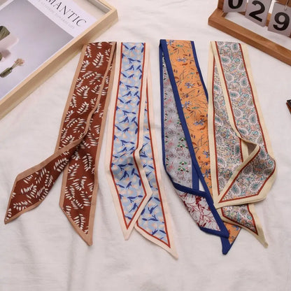 Fashion Luxury Floral Silk Scarf Flower Pattern Retro Hair Band Long Versatile Silk Scarves