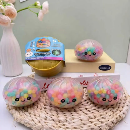 Rainbow Bead Dumpling Squishy Realistic Bun Colorful Squishy Dumpling with Steamer Pinch Sensory Fidget Ball Children Gifts