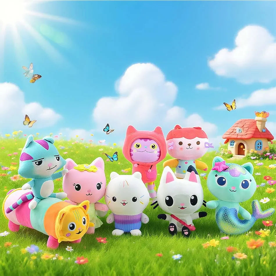 8pcs New Gabbys doll house Plush keychain Toy Mercat Cartoon Stuffed Animals Smiling Cat Car Cat Hug Gaby Girl Birthday Gift