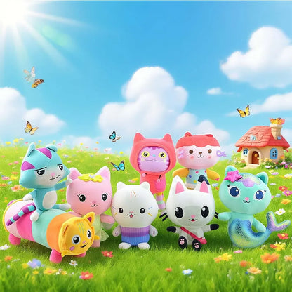 8pcs New Gabbys doll house Plush keychain Toy Mercat Cartoon Stuffed Animals Smiling Cat Car Cat Hug Gaby Girl Birthday Gift