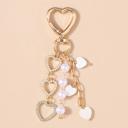 Cute Bowknot Love Heart Keychain Crystal Pearl Key Ring Pendants for Women Girls Handbag Decor DIY Handmade Key Chain Gifts