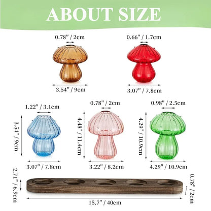 Mushroom Glass Planter Vase with Wooden Base Cute Indoor Greenery Plant Propagation Stations Flowers,Hydroponics & Home Decor
