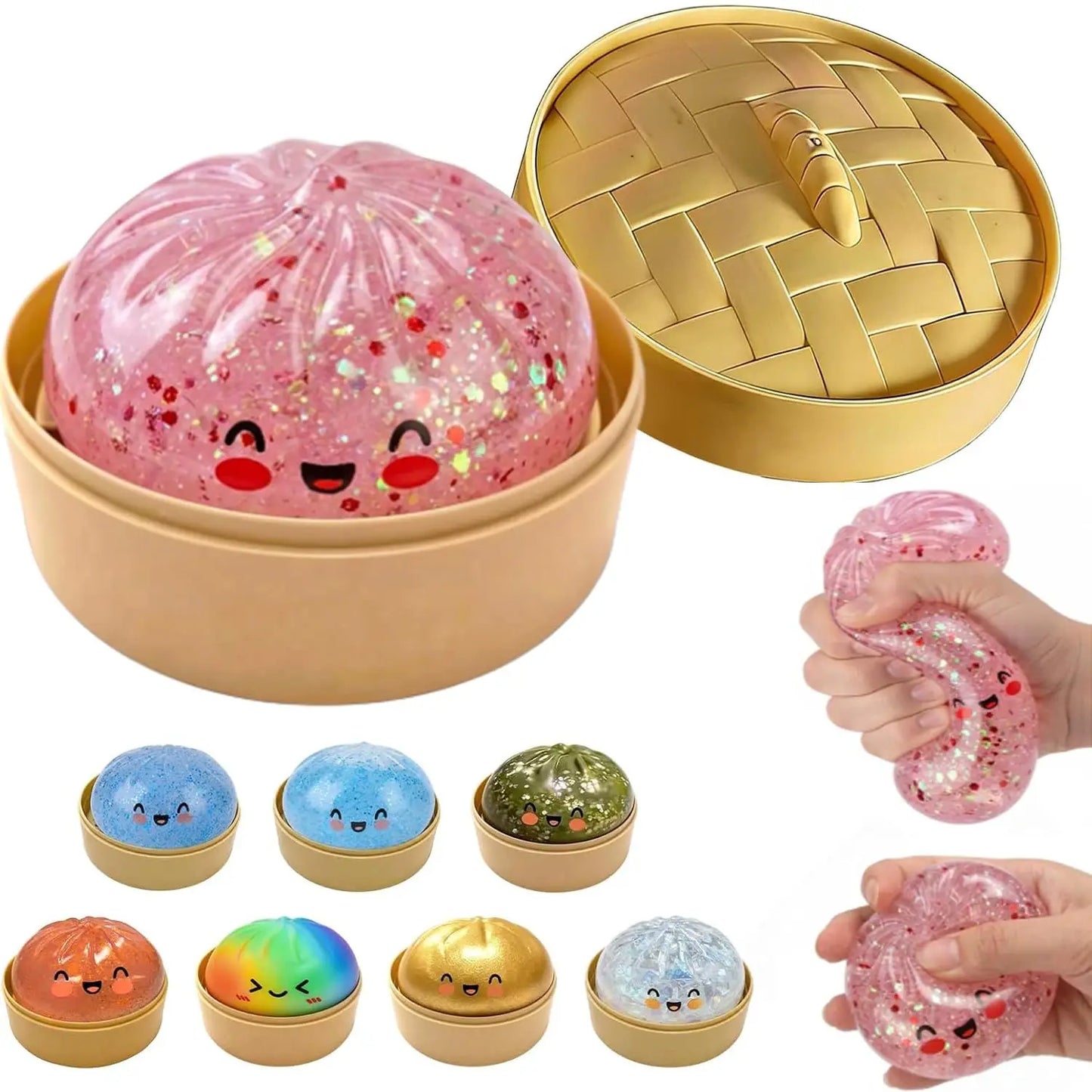 Glitter Dumpling Squishy, New Mystery Glitter Dumpling Squishies Box, Jumbo Squishy Toy with Steamer Box,