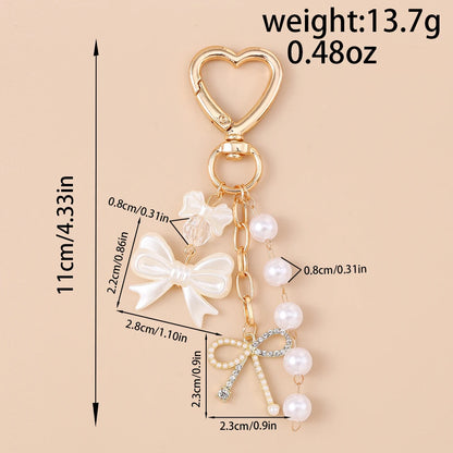 Cute Bowknot Love Heart Keychain Crystal Pearl Key Ring Pendants for Women Girls Handbag Decor DIY Handmade Key Chain Gifts