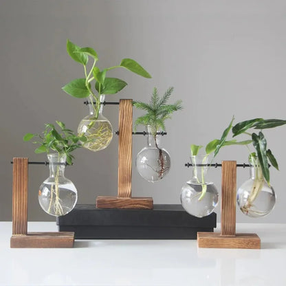 Glass Vase Hydroponic Plant Container Desktop Planter Wooden Vase Stand Bulb Water Planting Propagation Flower Vase Planters