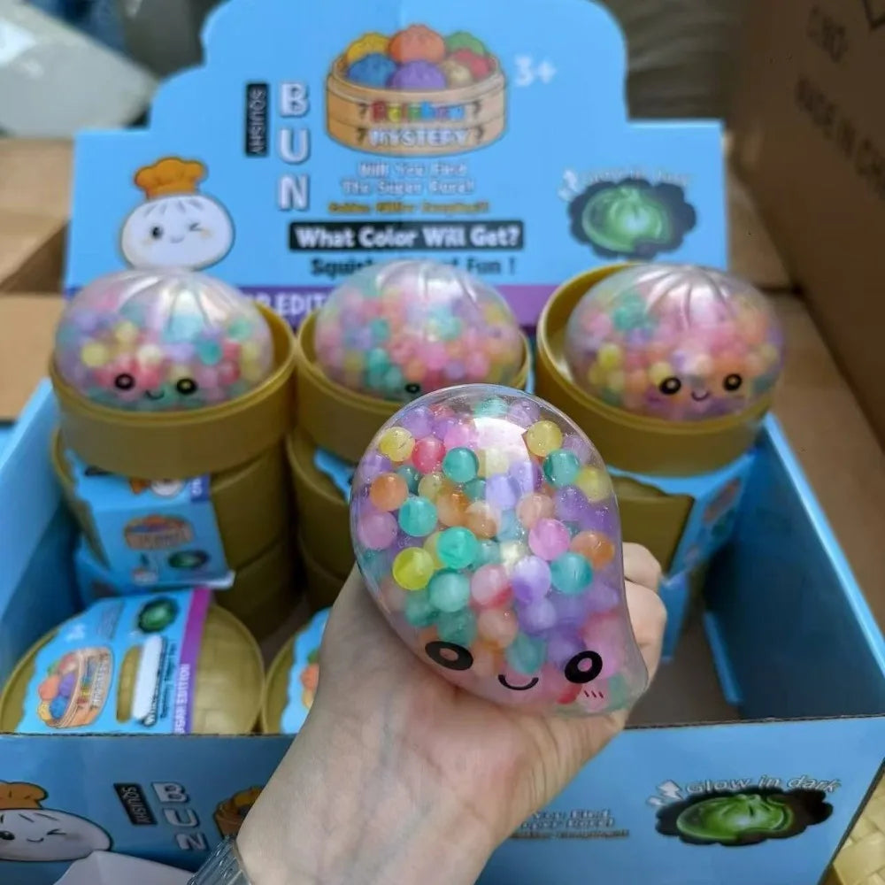 Rainbow Bead Dumpling Squishy Realistic Bun Colorful Squishy Dumpling with Steamer Pinch Sensory Fidget Ball Children Gifts