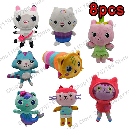 8pcs New Gabbys doll house Plush keychain Toy Mercat Cartoon Stuffed Animals Smiling Cat Car Cat Hug Gaby Girl Birthday Gift