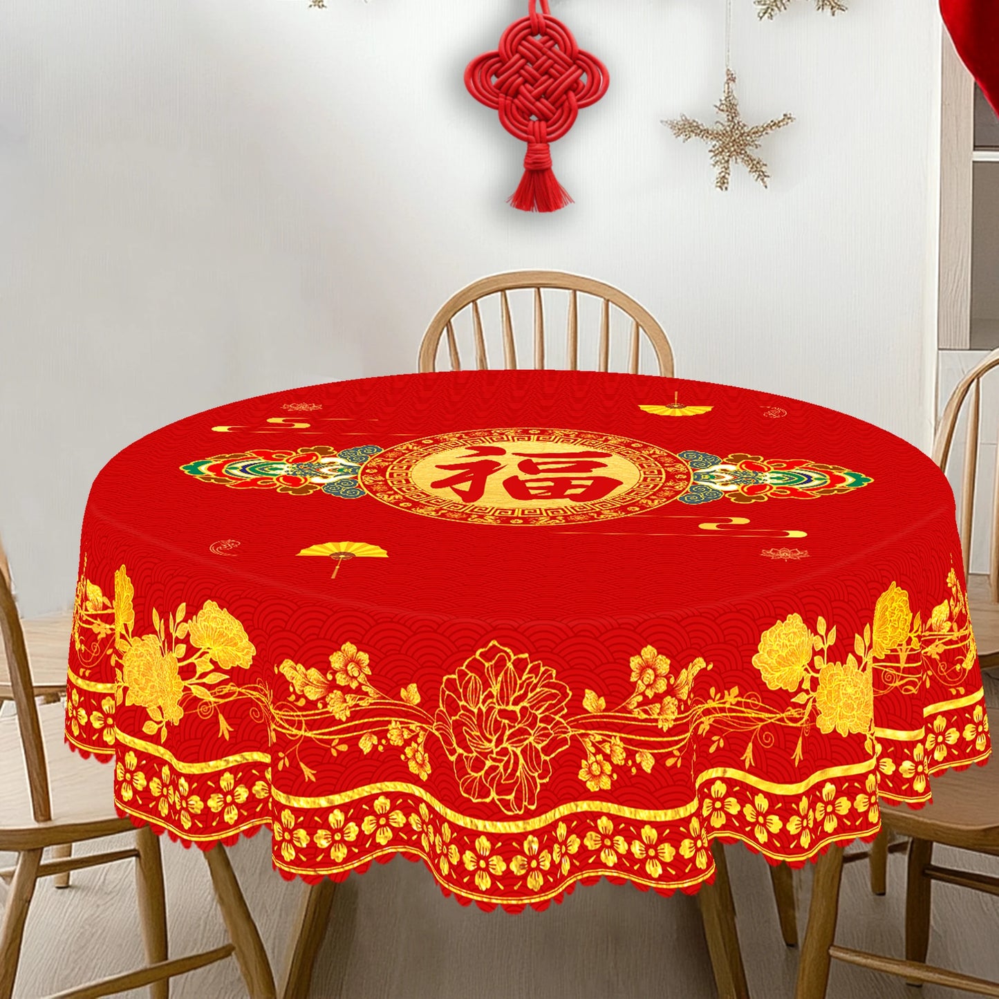 Red Peony Round Tablecloth — Festive Chinese New Year Decor