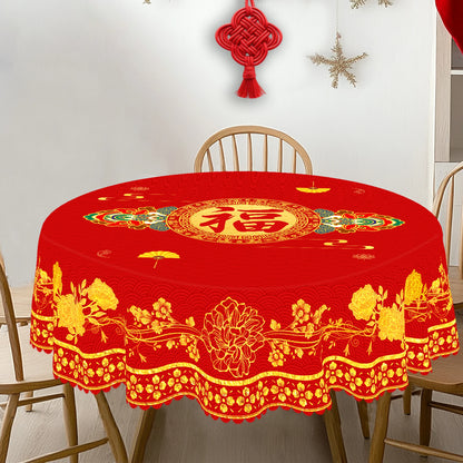 Red Peony Round Tablecloth — Festive Chinese New Year Decor