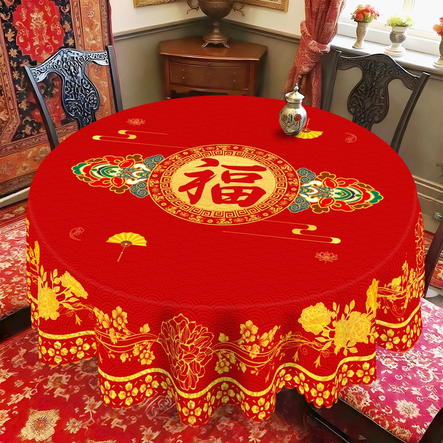 Red Peony Round Tablecloth — Festive Chinese New Year Decor