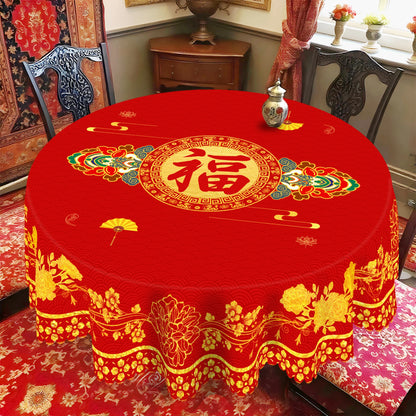 Red Peony Round Tablecloth — Festive Chinese New Year Decor