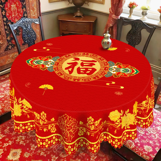 Red Peony Round Tablecloth — Festive Chinese New Year Decor