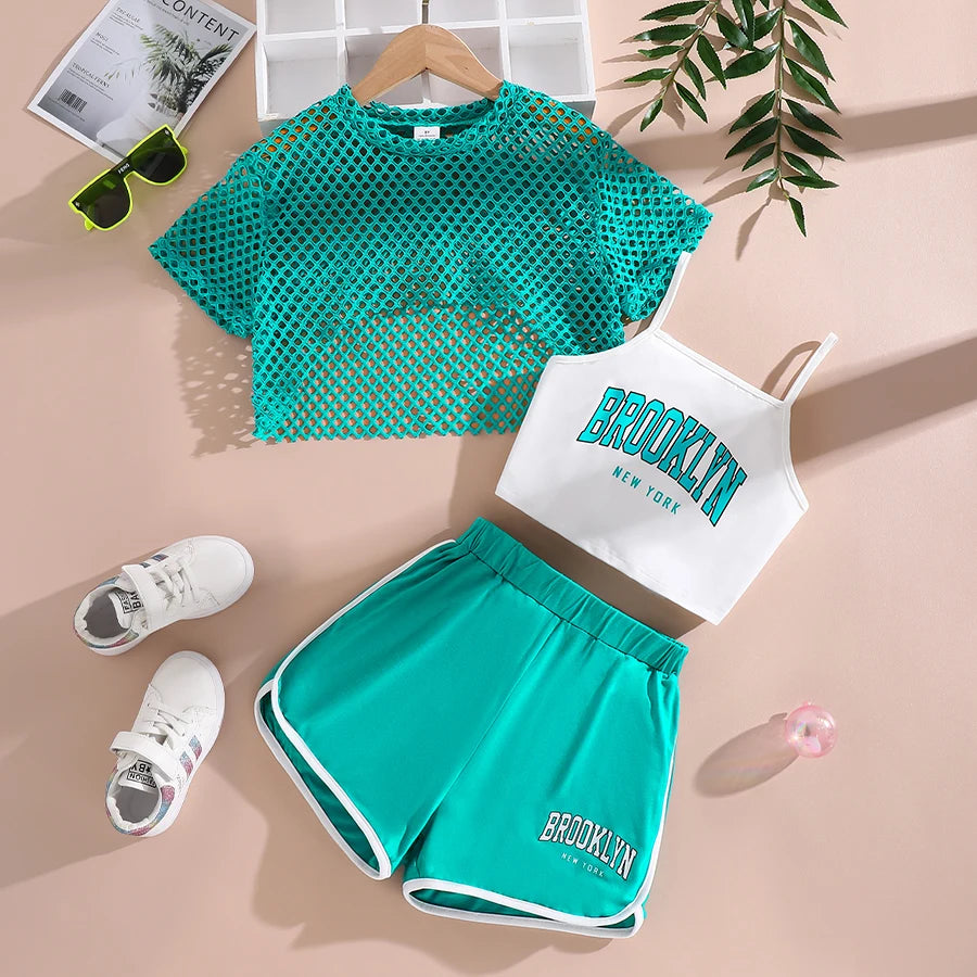 Summer girls' fashion 3-piece set, cool and breathable mesh short sleeved T-shirt+letter printed suspender+shorts