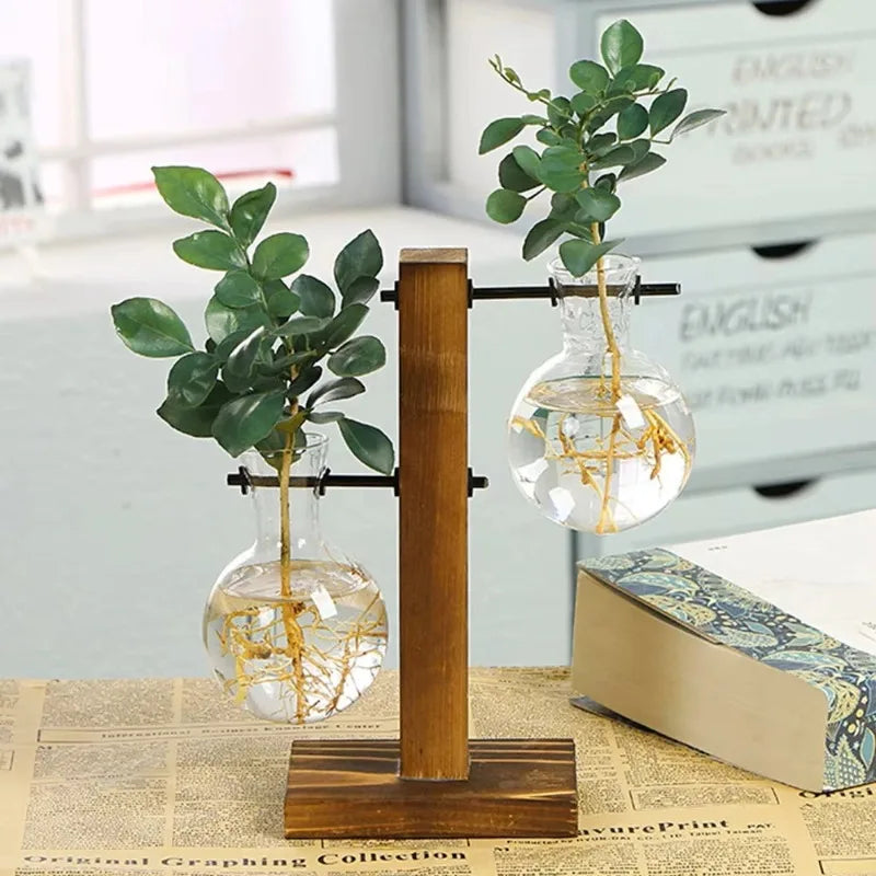 Glass Vase Hydroponic Plant Container Desktop Planter Wooden Vase Stand Bulb Water Planting Propagation Flower Vase Planters