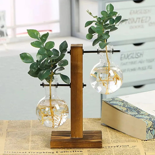 Glass Vase Hydroponic Plant Container Desktop Planter Wooden Vase Stand Bulb Water Planting Propagation Flower Vase Planters