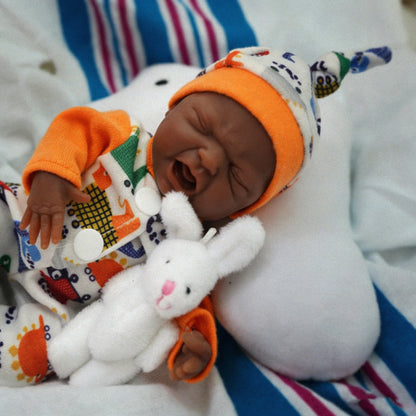 7-Inch Mini Sleeping Boy African Silicone Baby Doll Lifelike Soft Realistic with Feeding Accessories Collectible Doll