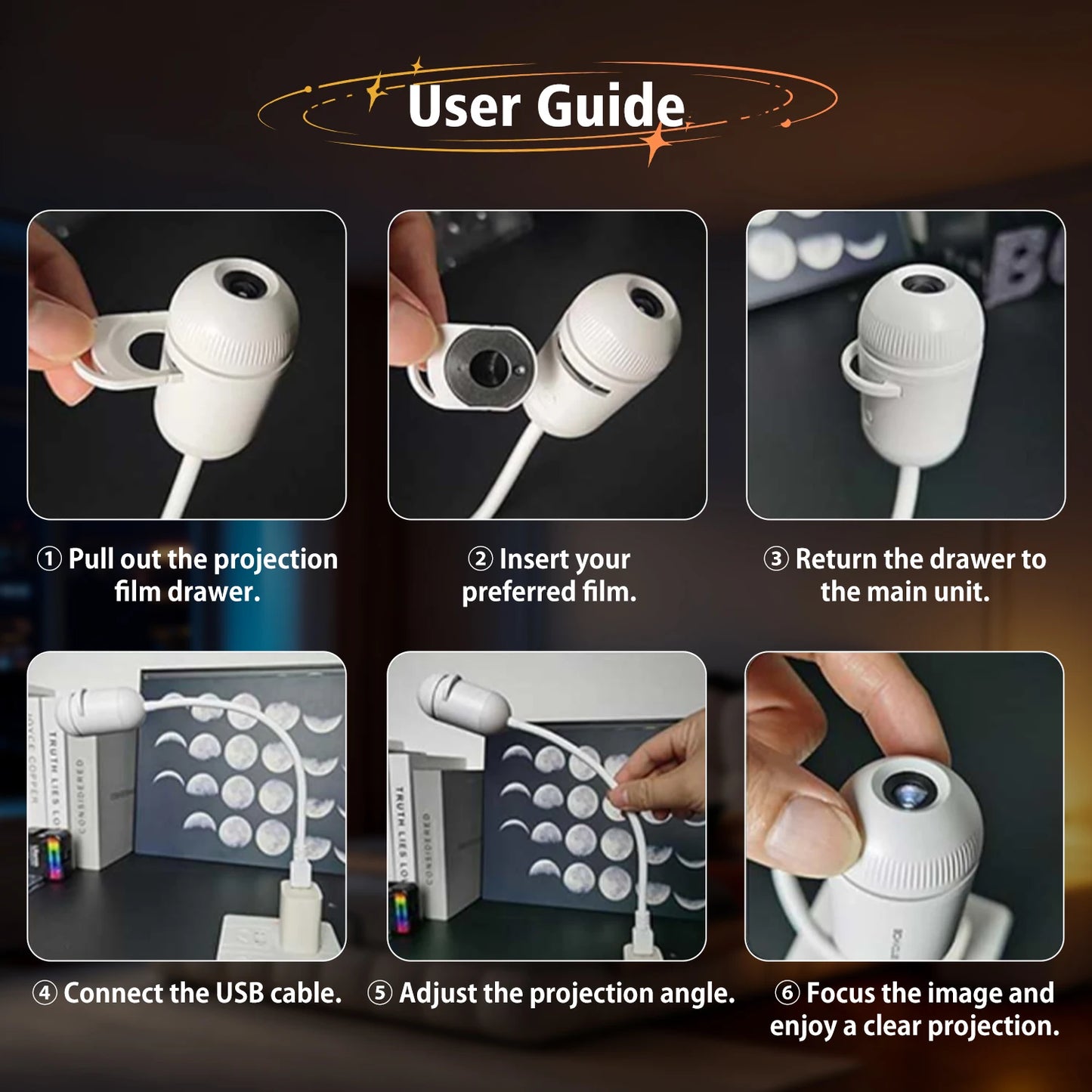 2 in 1 USB Ambient Projection Light Adjustable Focus Car Interior Light Home Room Starry Star Romantic Saturn Galaxy Night Light