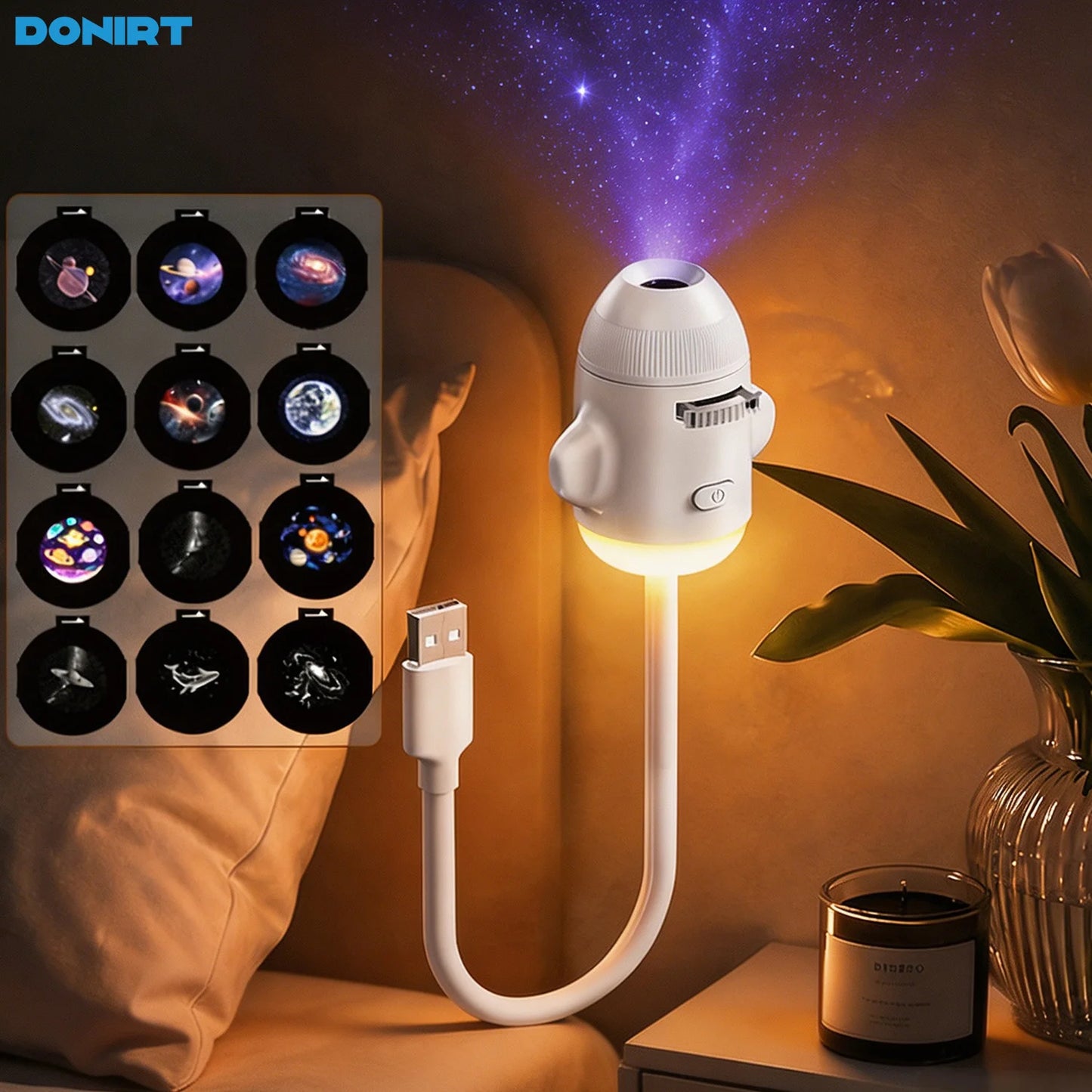 2-in-1 Rocket Galaxy Projection Light Adjustable Focus Ambient Star Projector Lights Car Projection Lamp Space Moon Night Light