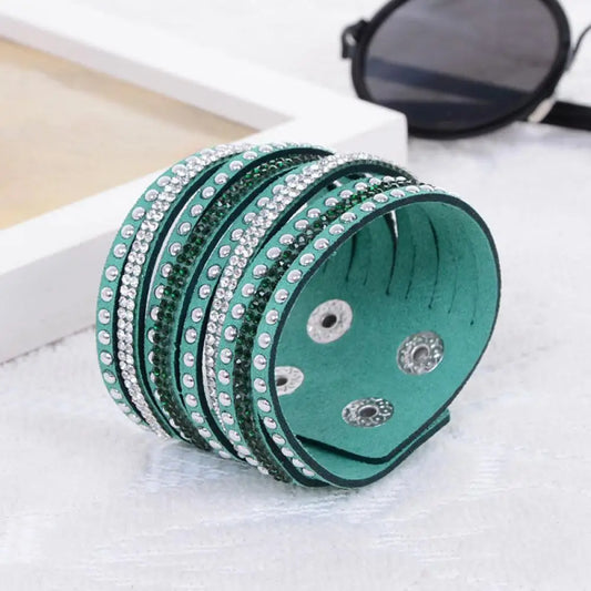 Women Faux Leather Bracelet Shiny Hot Fix Rhinestone Inlaid DIY Multilayer Bracelet For Men And Women Gift