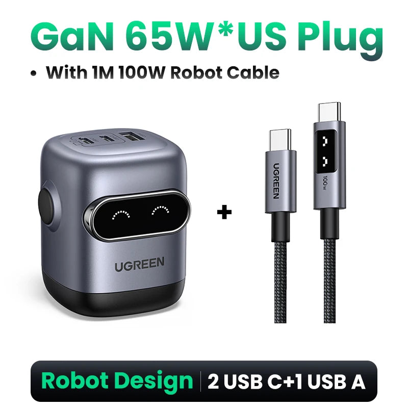 【US Plug】UGREEN 65W 30W GaN Charger Robot Design QC4.0 3.0 PPS for iPhone 17 16 15 Pro Macbook Laptops Tablet PD3.0 Fast Charg