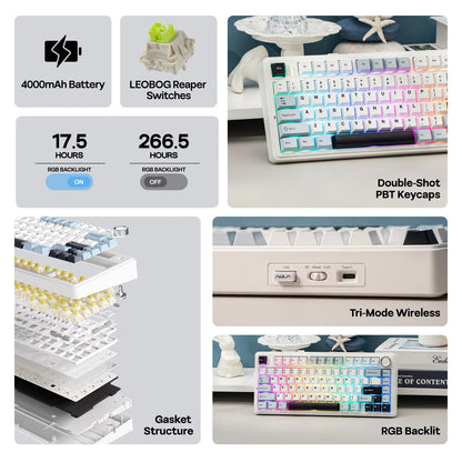 EPOMAKER X AULA F75 75% ANSI Hot-Swap Gasket Bluetooth 5.0/2.4G Wireless/Wired Mechanical Keyboard PBT Keycaps for Mac/Win