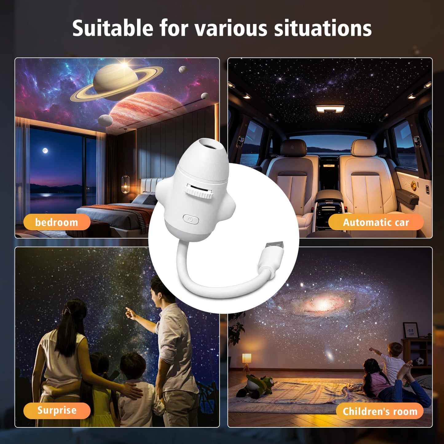 2-in-1 Rocket Galaxy Projection Light Adjustable Focus Ambient Star Projector Lights Car Projection Lamp Space Moon Night Light