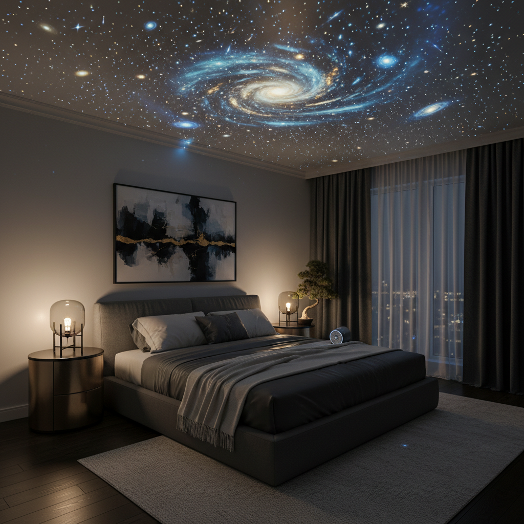 Galaxy star projector casting starry night sky in a luxury bedroom