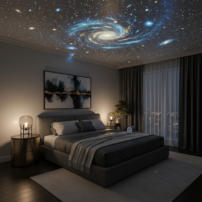Galaxy star projector casting starry night sky in a luxury bedroom