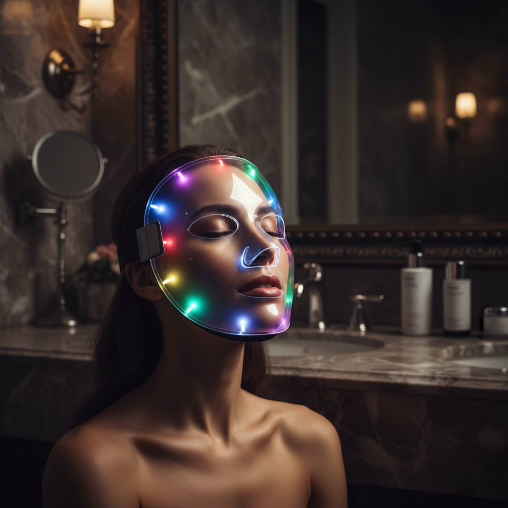 Woman wearing 7-Color LED Face Mask in luxury bathroom