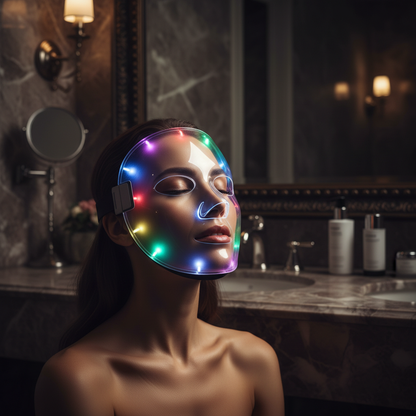 Woman wearing 7-Color LED Face Mask in luxury bathroom