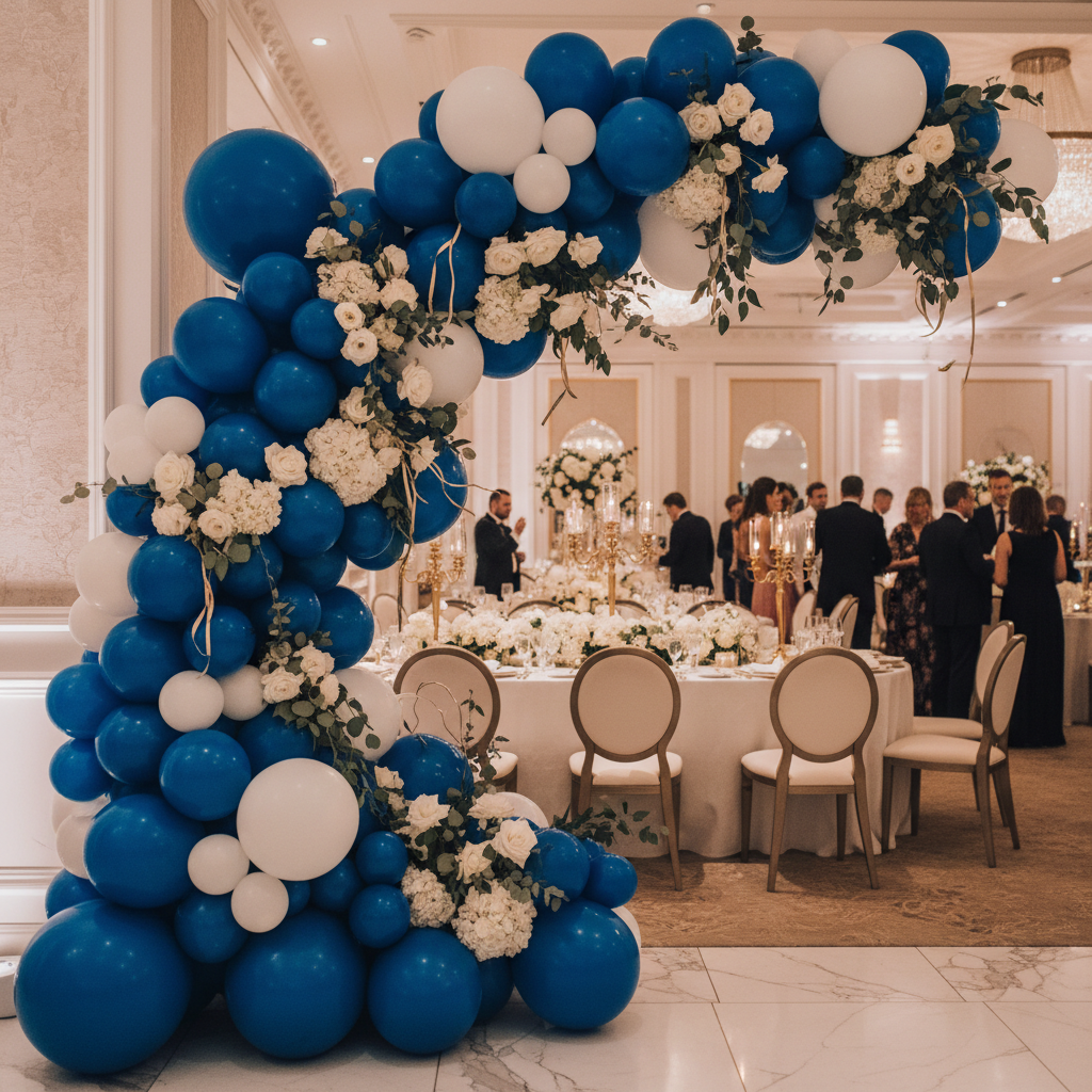 Royal blue balloon arch garland at an elegant wedding reception