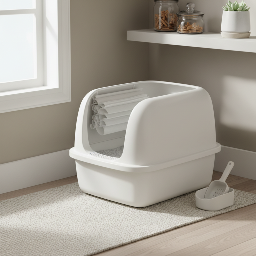 Clean cat litter box with liner bags in a tidy home setting