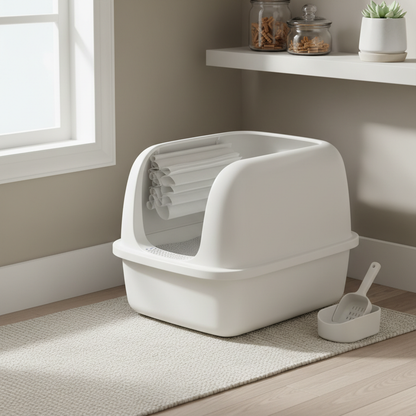 Clean cat litter box with liner bags in a tidy home setting