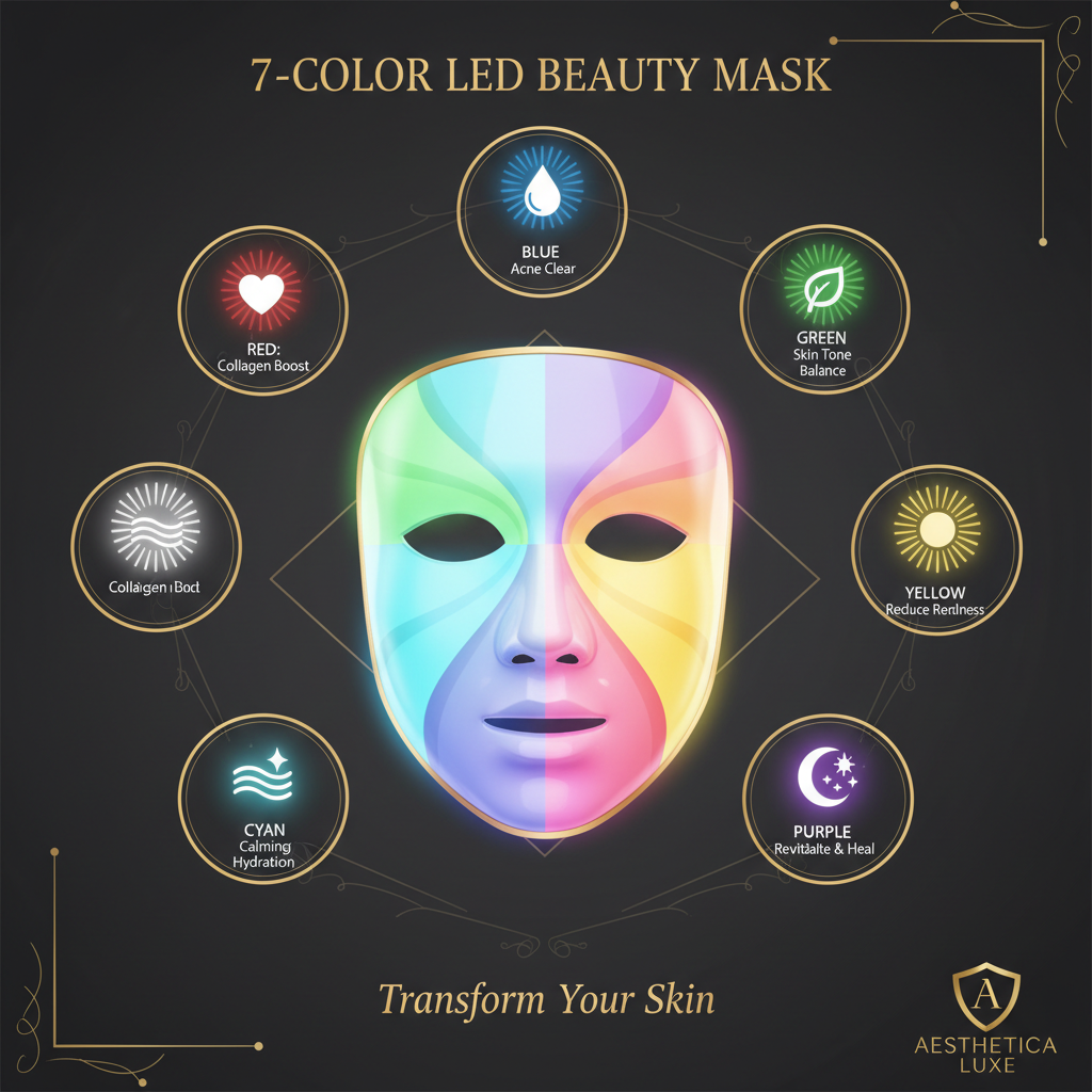 7-Color LED Face Mask infographic showing all light benefits