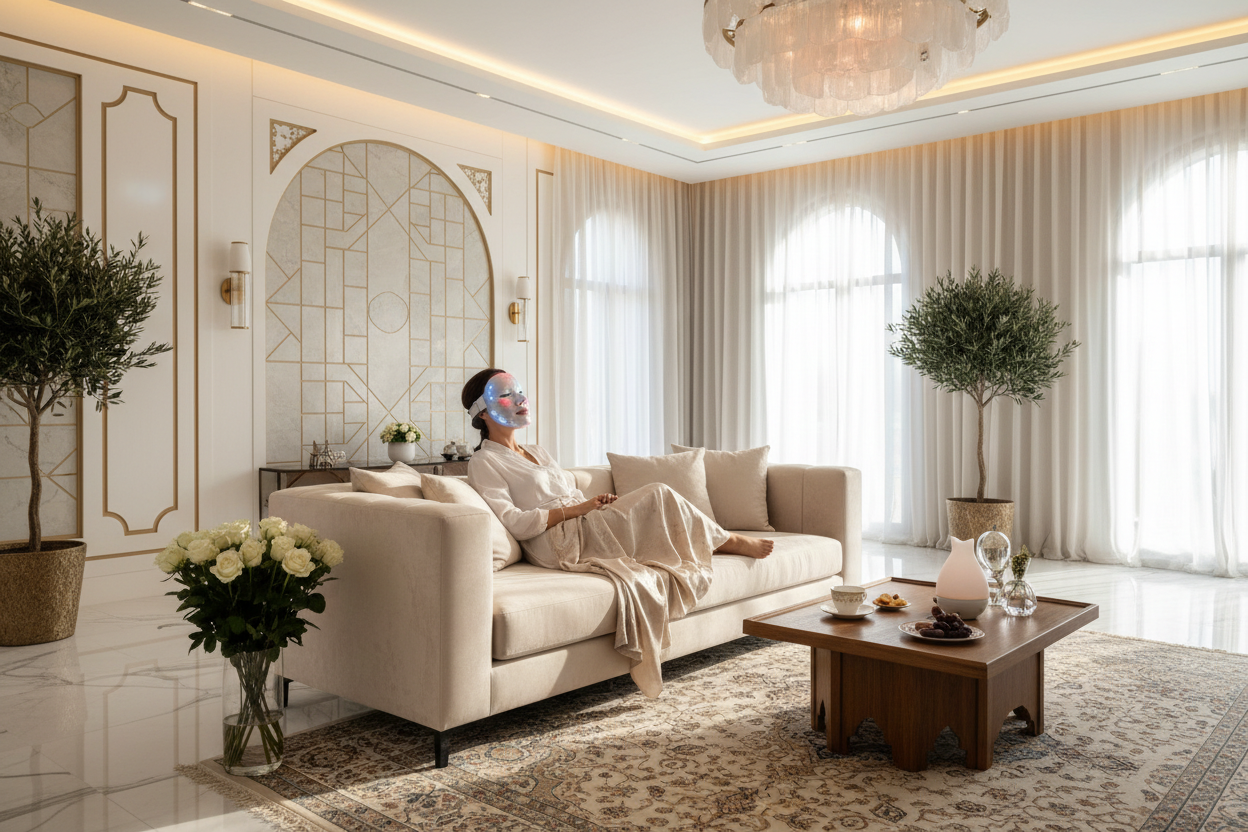 Woman relaxing at home wearing LED face mask