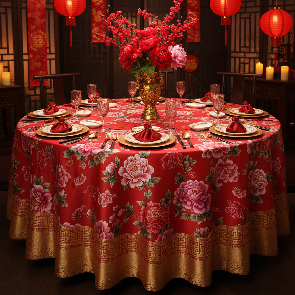Red peony round tablecloth with gold embossed edge on a festive dining table