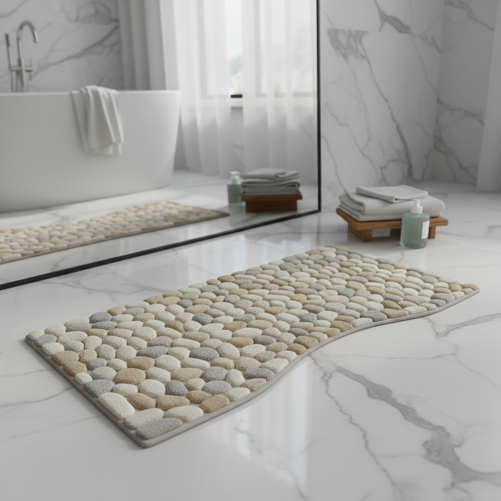 Curved pebble texture bathroom mat on marble floor in luxury bathroom