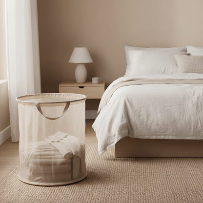 Portable mesh pop-up laundry hamper in a minimalist bedroom