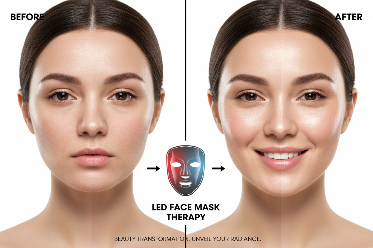 Before and after skin transformation with LED mask