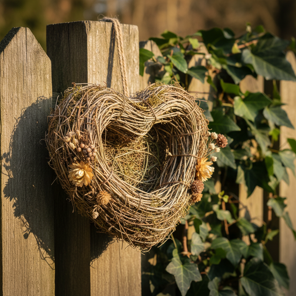 Handmade heart-shaped alpaca fiber bird nest hanging outdoors