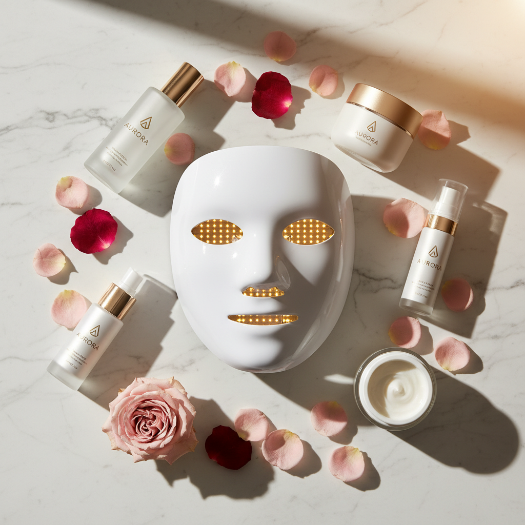 LED Face Mask flat lay on marble surface